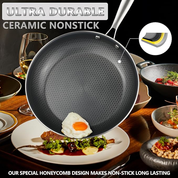 Stainless Steel Nonstick Frying Pan, Hybrid Ceramic 12-Inch Frying Pans, Stay-Cool Handle, PFAS & PFOA PTFE Free, Dishwasher & Oven Safe, Scratch-Resistant, Compatible with Induction & All Cooktops