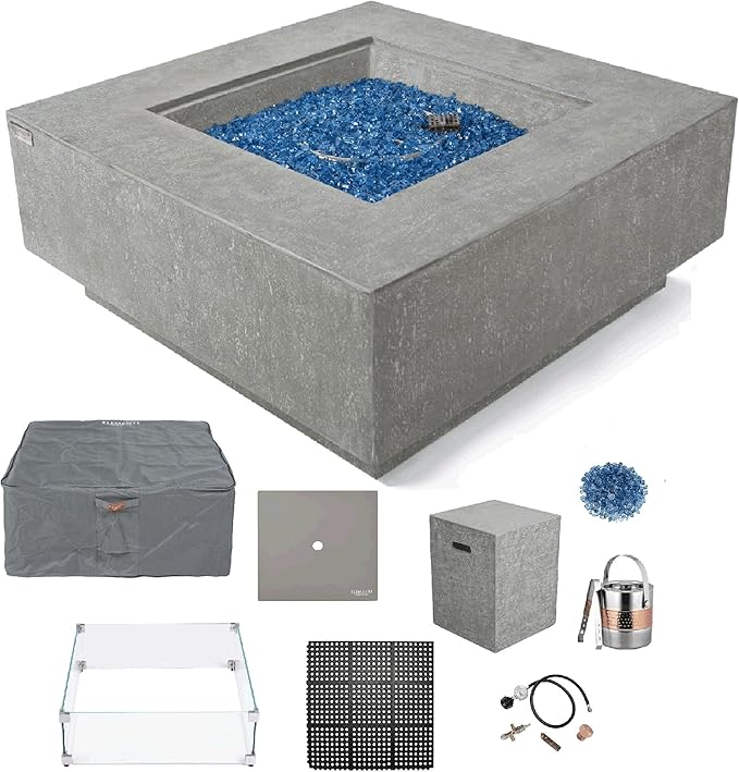 Elementi+ | Bundle Victoria Gas Fire Pit Cast Concrete 40" Square Fire Table, Outdoor Fire Pit Electronic Ignition | Canvas Cover, Fire Glass and Burner Lid Included | Light Gray | Propane Gas