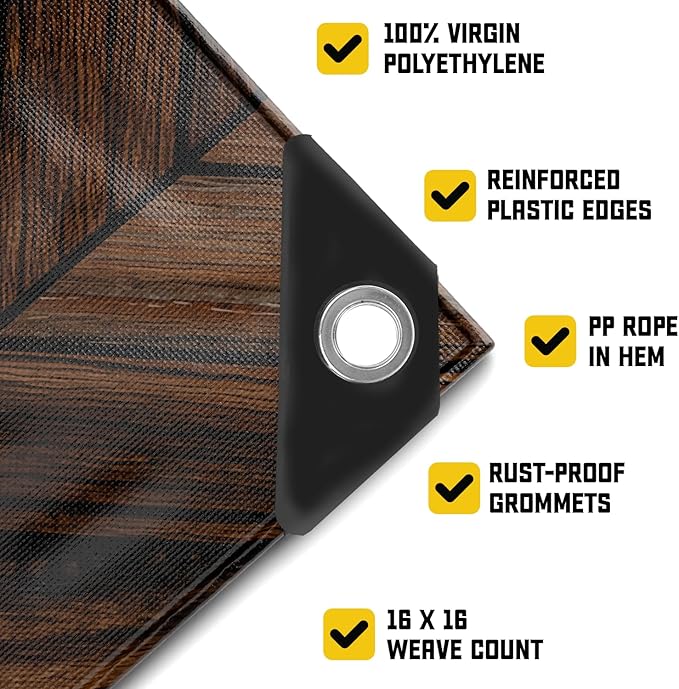 Core Tarps Extreme Heavy Duty 20 Mil Tarp Cover, Waterproof, UV Resistant, Rip and Tear Proof, Poly Tarpaulin with Reinforced Edges for Roof, Camping, Patio, Pool, Boat (Brown Wood/Black 12′ X 20′)