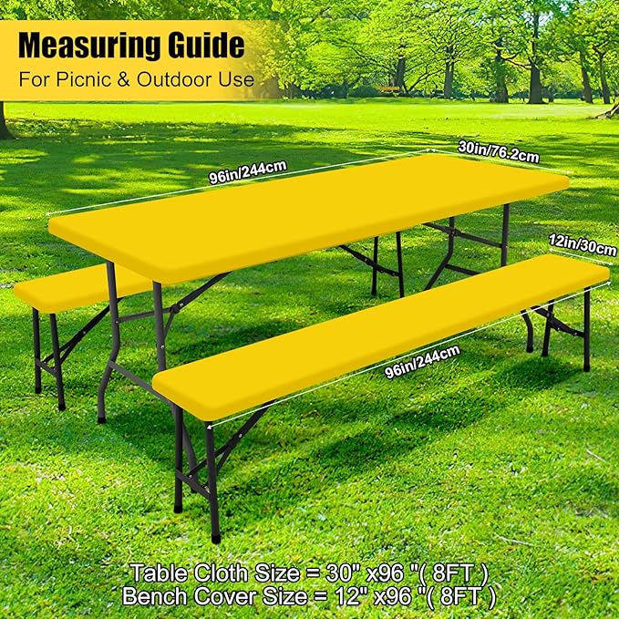 Smiry Picnic Table Cover with Bench Covers, Waterproof Elastic Fitted Polyester Tablecloths for 8 Ft Rectangle Tables, Washable Windproof Tablecloth for Camping, RV & Outdoor (Yellow, 30x96 Inches)