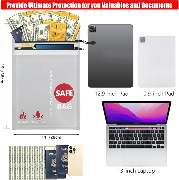 Fireproof Document Bag (2000℉) Upgraded 2 Pockets, GEMEK 15”x 11” Fireproof and Waterproof Money Bag Fireproof Safe Storage for Money, Documents, Jewelry and Passport (Silver - 2 Zipper)