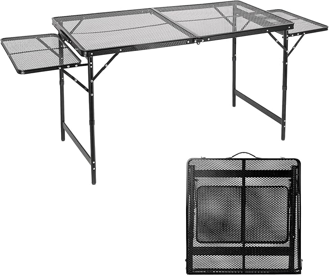 Grill Table Folding Table with 2 Wing Panels 4FT+1.77 FT with Mesh Desktop 3 Height Adjustable Portable Grill for Outdoor Indoor Beach BBQ Picnic Travel RV Black