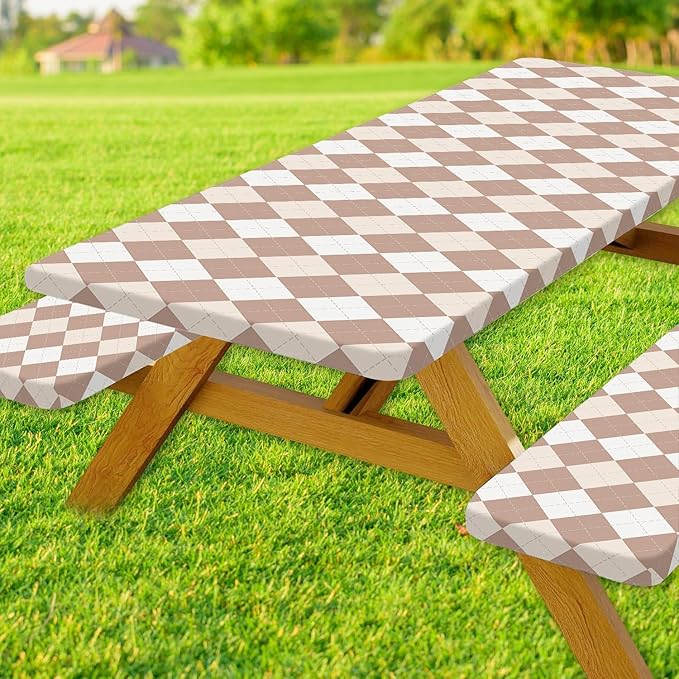 DYNH 3 Pcs Picnic Table Cover with Bench Covers, 6ft Waterproof Reusable Elastic Fitted Rectangle Picnic Table Cloths,30x72IN Beige Plaid Picnic Tablecloth for Camping Patio Travel Outdoor,2