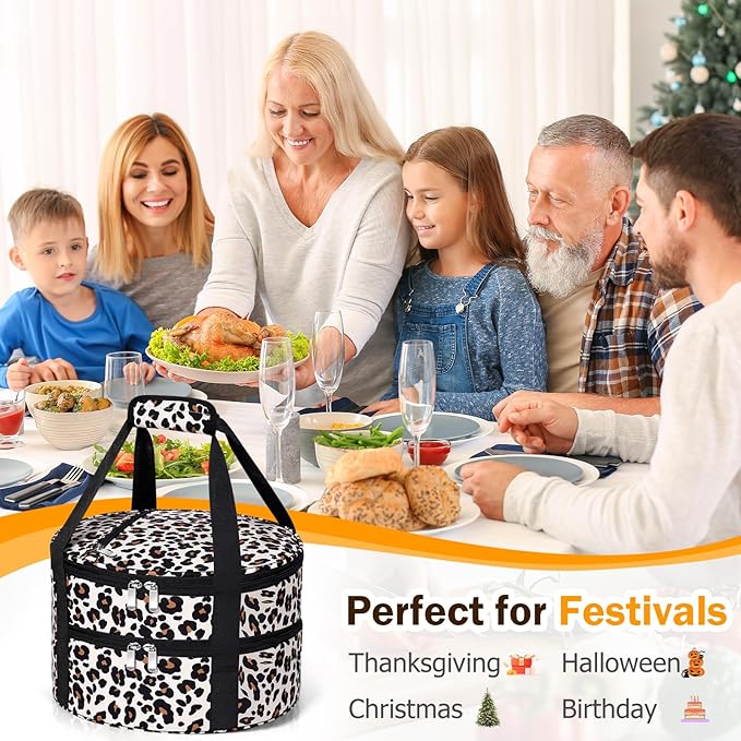 Round Double Insulated Casserole Carrier, Pie Carrier Bag, Portable Casserole Carrier for Hot or Cold Food Lunch Tote, Lunch Bag for Parties Picnic, Fits 12.5" Baking Dish, Leopard