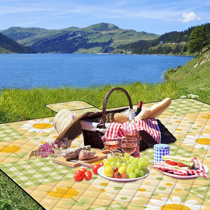 Extra Large Picnic Blanket Waterproof,80"x 80"Foldable Machine Washable Beach Blanket,Outdoor Blanket for 6-8 Adults,Suitable for Indoor Crawling,Park Beach,Camping,Hiking,Family Travel(Sunflower)