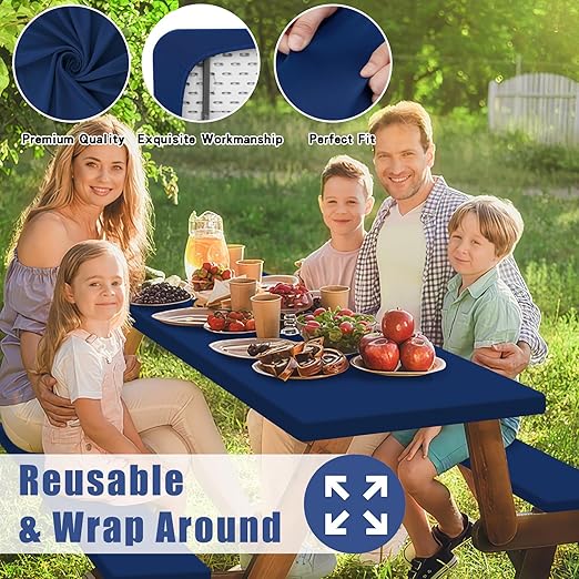 Picnic Table Cover with Bench Covers, Elastic Fitted Spandex Tablecloths for 6 Foot Rectangle Tables, Stretch Washable Patio Tablecloth for Outdoor, Camping (Navy, 30"x72")