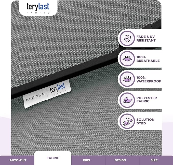 Midtown Umbrellas 10-Year-No-Fade - 9 Ft - UV Proof Matter Grey Polyester Fabric - Umbrella Outdoor Patio, Auto-Tilt Aluminum Frame Patio Umbrella for Garden, Pool & Deck - Black Pole