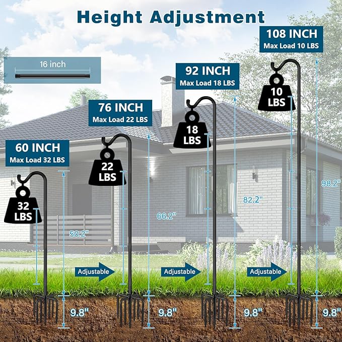 Gtongoko Shepherds Hook for Outdoor, 76 Inch Bird Feeder Pole with 7 Prongs Base, 3/4 Inch Thick Heavy Duty Adjustable Garden Hook for Hanging Plant, Hummingbird Feeder, Lantern, 2 Pack