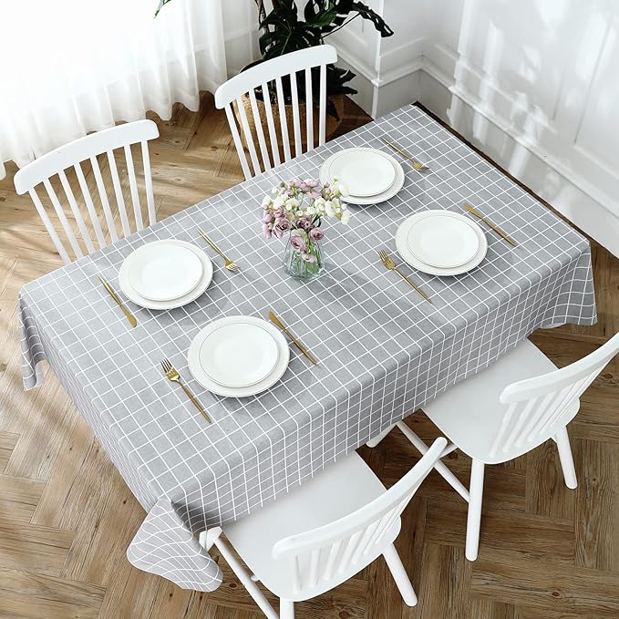Romanstile Square Plastic Tablecloth, 100% Waterproof Oil-Proof Checkered PVC Table Cloths, Heavy Duty Vinyl Table Covers for Dining, Camping, Picnic, Outdoor - 60 x 60 Inch, Grey