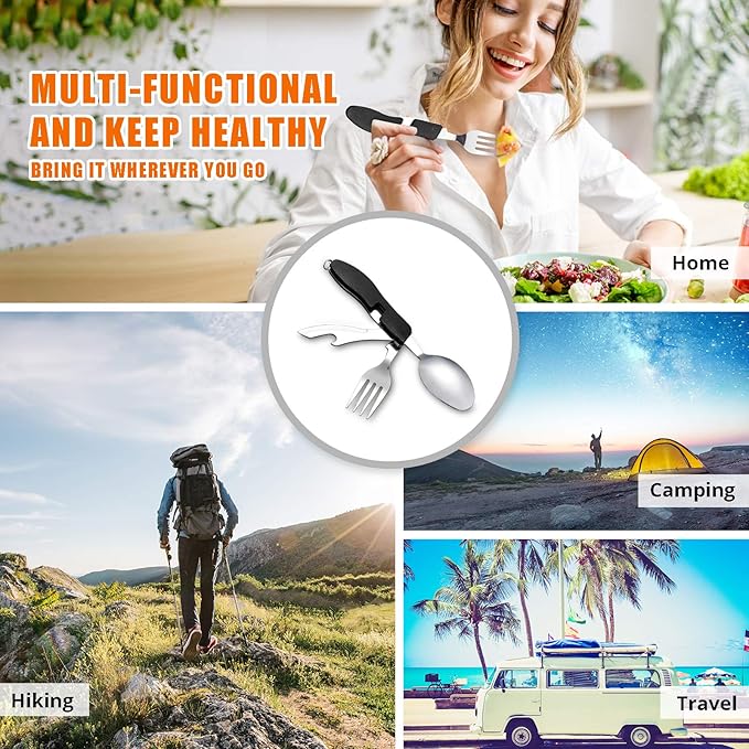 Camping Utensil HIKENTURE 4-In-1 Stainless Steel Fork Knife Spoon Bottle Opener Set with Storage Case (Black)