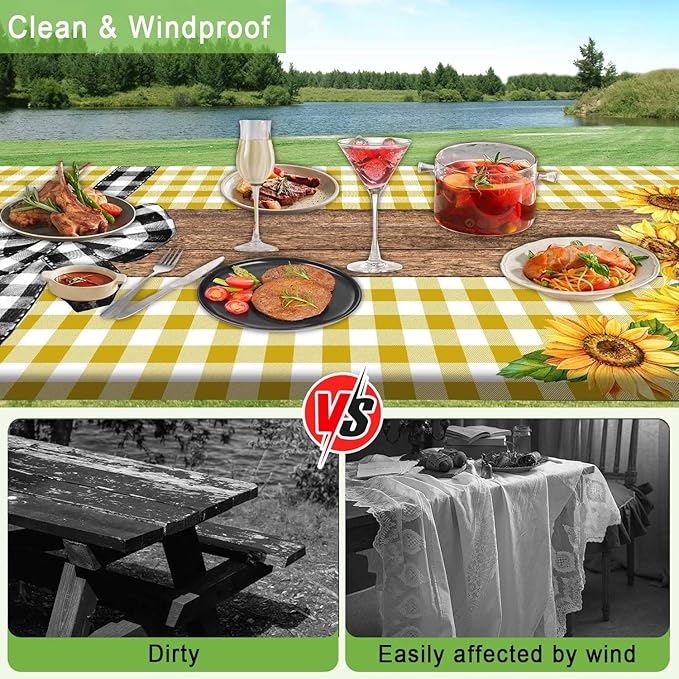 Picnic Table Cover with Bench Covers, Sunflower Buffalo Plaid Farmhouse Wood Waterproof Elastic Fitted Tablecloths Outdoor Camping Essentials, with Drawstring Bag, 96in, Yellow