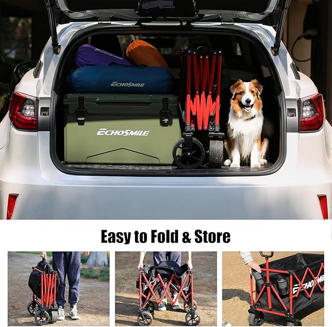 EchoSmile Collapsible Folding Wagon Cart 360lbs, Heavy Duty Garden Utility Cart with All Terrain Wheels, Large Capacity Outdoor Wagon for Camping, Beach, Shopping, Picnic (Black Red)