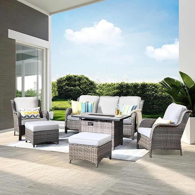 ovios 6 Pieces Patio Furniture Set with 42" Fire Pit Table, Outdoor Wicker Sofa with Ottomans, Comfy Cushions, High Back Couch Conversation Set, Grey Rattan, Grey