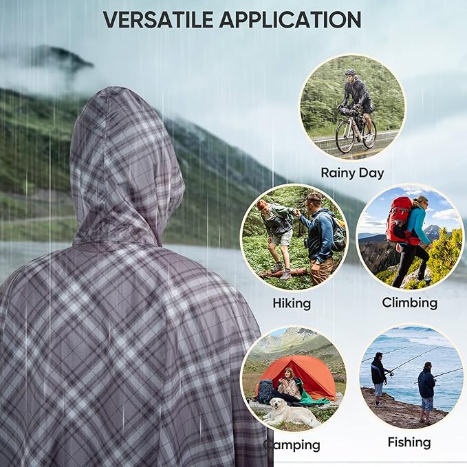 PTEROMY Hooded Rain Poncho for Adult with Pocket, Waterproof Lightweight Unisex Raincoat for Hiking Camping Emergency