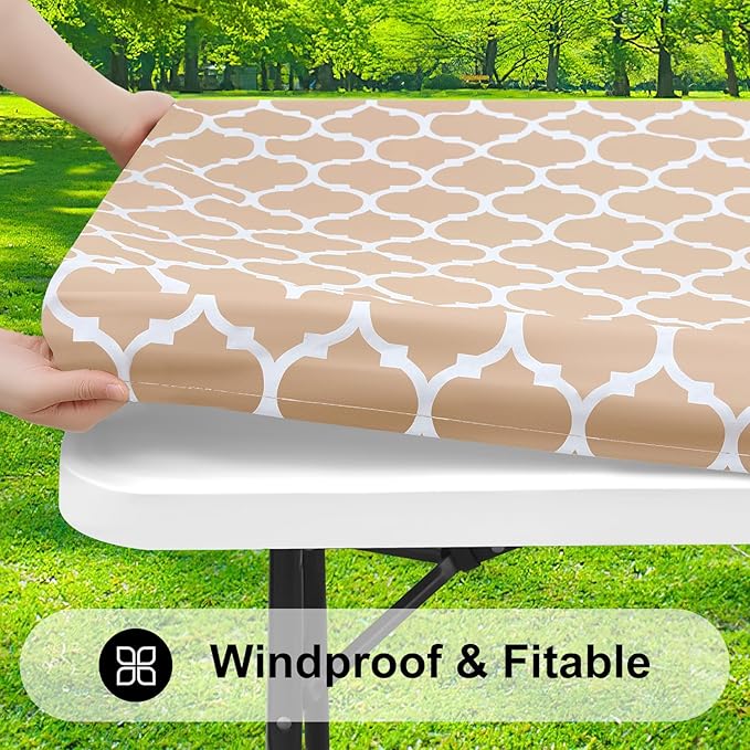 Smiry Rectangle Picnic Table Cover, Waterproof Elastic Fitted Camping Tablecloths for 5 Foot Tables, Wipeable Flannel Backed Vinyl Tablecloth Protector for Indoor, Outdoor (Khaki, 30x60 Inches)