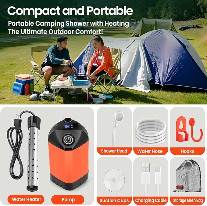 Portable Camping Shower with 2000W Heater, Long-Lasting 7800mAh Rechargeable Camping Shower with Digital Power,3 Spray Modes,IPX7 Waterproof Outdoor Camp Pump for Hiking, Travel, Car, Pet