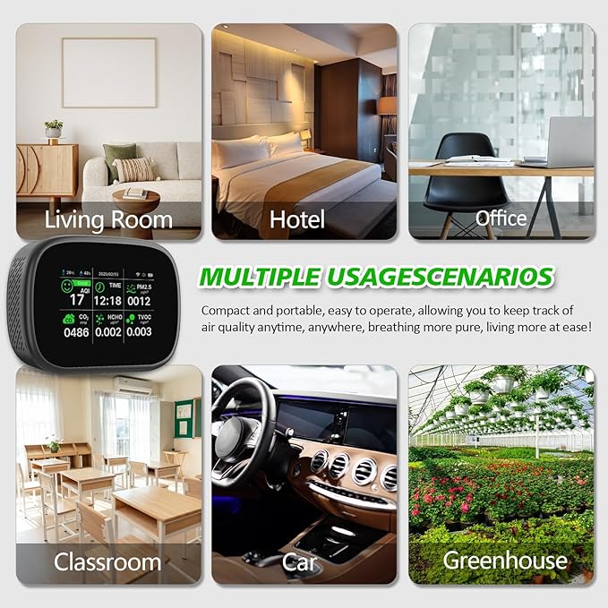 18-in-1 Smart Air Quality Monitor - Indoor WiFi Air Quality Detector with Dual Chip, Real-Time for AQI, CO2, PM2.5, PM1.0, PM10, TVOC, HCHO, Time Display, Temperature & Humidity with APP (Black-Black)