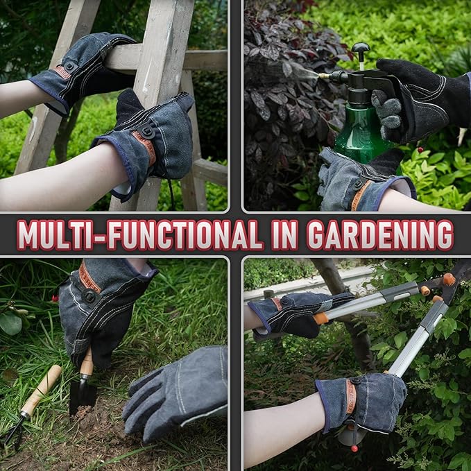 YESWELDER Leather Work Gloves for Men or Women，Suitable for welding | gardening |construction etc. Cowhide leather with cotton lining, wrist closure, grippy and durable.Reinforced palm,Black-gray L