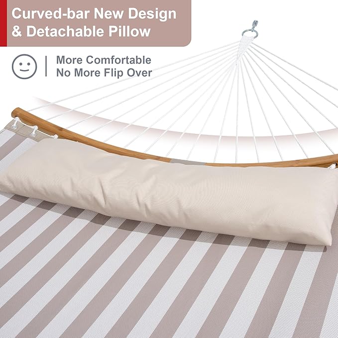 2 Person Hammock with Stand Included, Outdoor Quick Dry Hammock with Curved Spreader Bars, Pillow and Carrying Bag, 450 Lbs Capacity, Light Brown Stripe