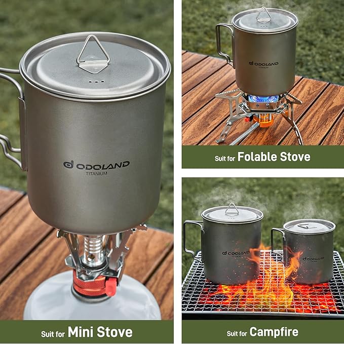 Odoland Titanium Camping Cookware 420ML Titanium Pot with Lid and Spork Lightweight Camping Pot for Backpacking Hiking Traveling and Picnic