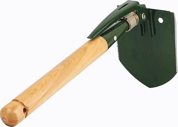 Mastiff Gears ® Wooden Handle Folding Survival Shovel w/Pick - Heavy Duty Carbon Steel Military Style Entrenching Tool for Off Road, Camping, Gardening, Beach, Digging Dirt, Sand, Mud & Snow