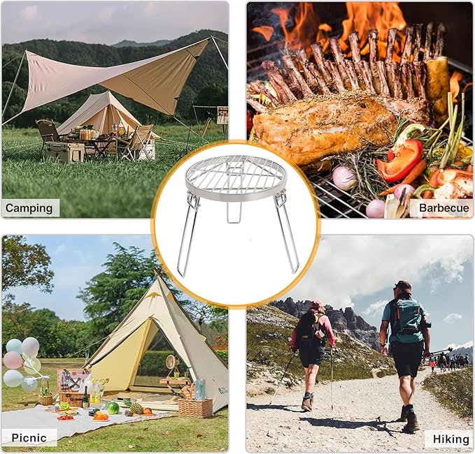 Lineslife Folding Campfire Tripod for Cooking, Portable Camping Tripod Stand with Grill Grate for Solo Stove Bonfire Fire Pit, Dutch Oven, Open Fire, Stainless Steel