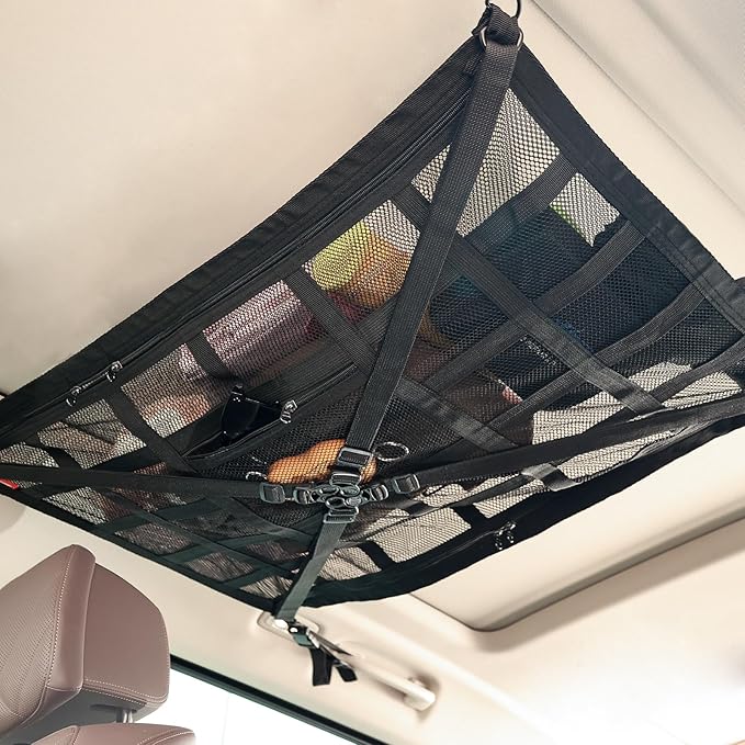 Universal Car Ceiling Cargo Net Pocket (20x31x37 Inch) - Overhead Storage Organizer for SUV, Truck, Camping & Road Trips - Durable Mesh Interior Accessories for Travel Gear