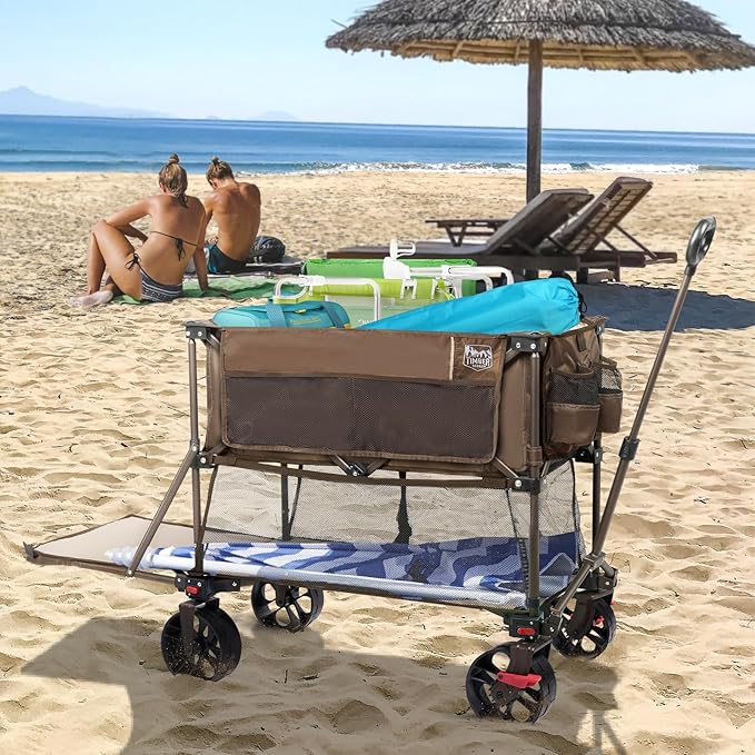 TIMBER RIDGE 400L Large Capacity Folding Double Decker Wagon with Brakes, 54" Extra Long Extender Wagon Cart, 450lbs Heavy Duty Collapsible Cart, All-Terrain Big Wheels for Camping, Sports, Shopping
