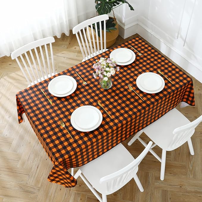 Romanstile Rectangle Vinyl PVC Tablecloth, 100% Waterproof Buffalo Plaid Plastic Table Cloth, Oil Proof Heavy Duty Wipeable Table Covers for Dining/Camping/Picnic/Outdoor - 54 x 78, Black and Orange