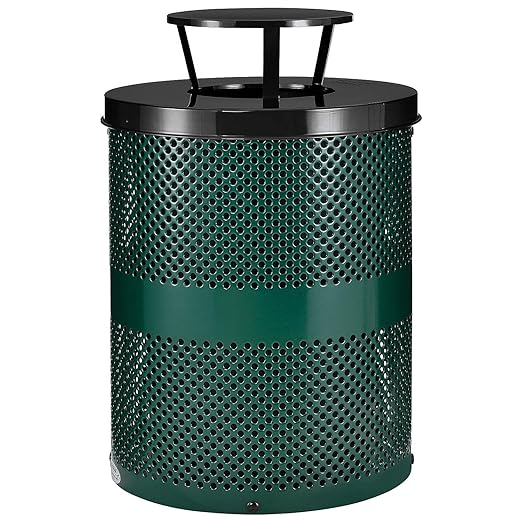 Global Industrial 32 Gallon Outdoor Perforated Steel Round Trash Can with Rain Bonnet Lid, Plastic Liner and Anchor Kit Included, 23-1/2" Diameter x 40-1/2"H, Green
