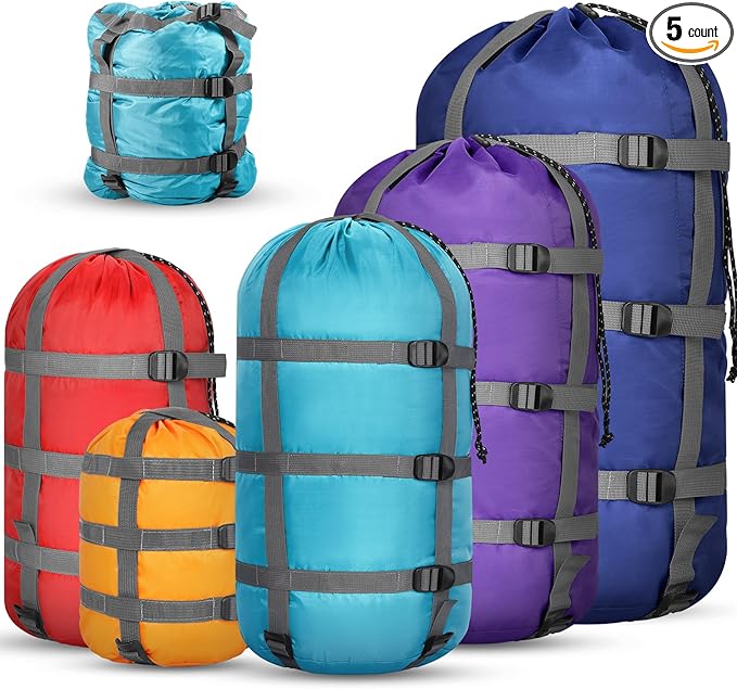 5 Pack Compression Stuff Sack 5 Assorted Size Sleeping Bag Stuff Sack Ultralight Sleeping Bag Cover Space Saving Gear for Travel Outdoor Camping Hiking Backpacking