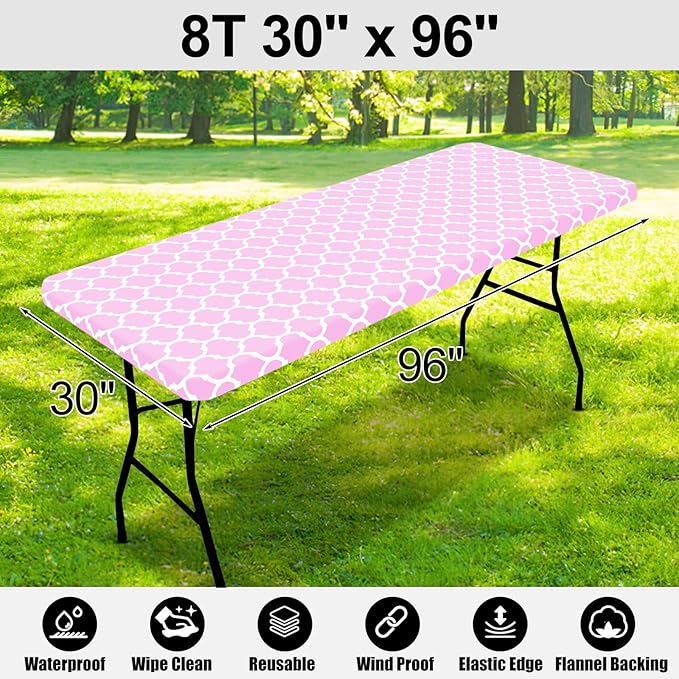 Smiry Rectangle Picnic Table Cover, Waterproof Elastic Fitted Camping Tablecloths for 8 Foot Tables, Wipeable Flannel Backed Vinyl Tablecloth Protector for Indoor, Outdoor (Pink, 30x96 Inches)