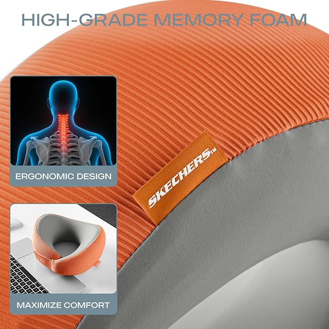 Skechers Memory Foam Neck Pillow, Comfortable & Breathable Travel Pillow, Neck Pillow Airplane for Travel, Car Rides, Home, and Office Use, Ergonomic Design for Men and Women,Orange