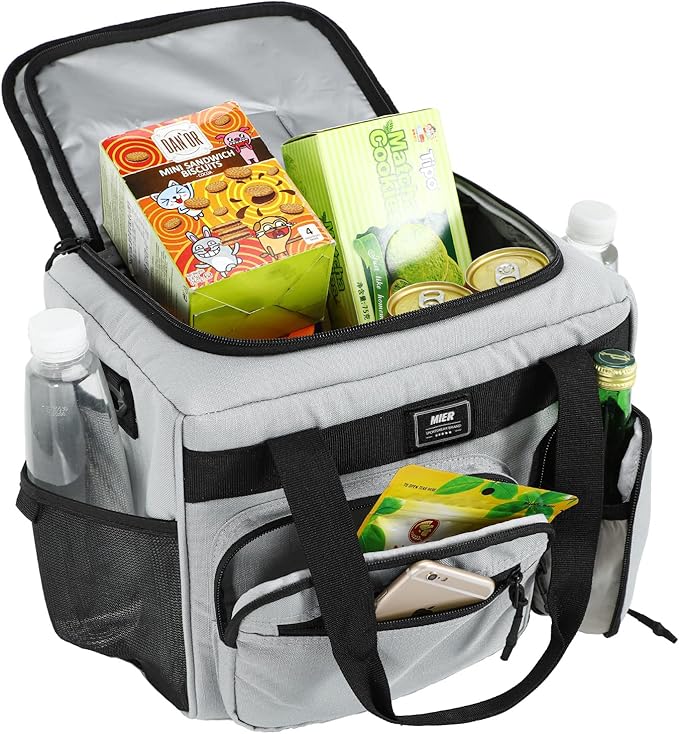 MIER Leakproof Insulated Cooler Lunch Bag for Adult Men Women 30 Can Cooler Bag with Top Flip Lid, 18L, Multiple Pockets (Grey-No Luggage Strap)
