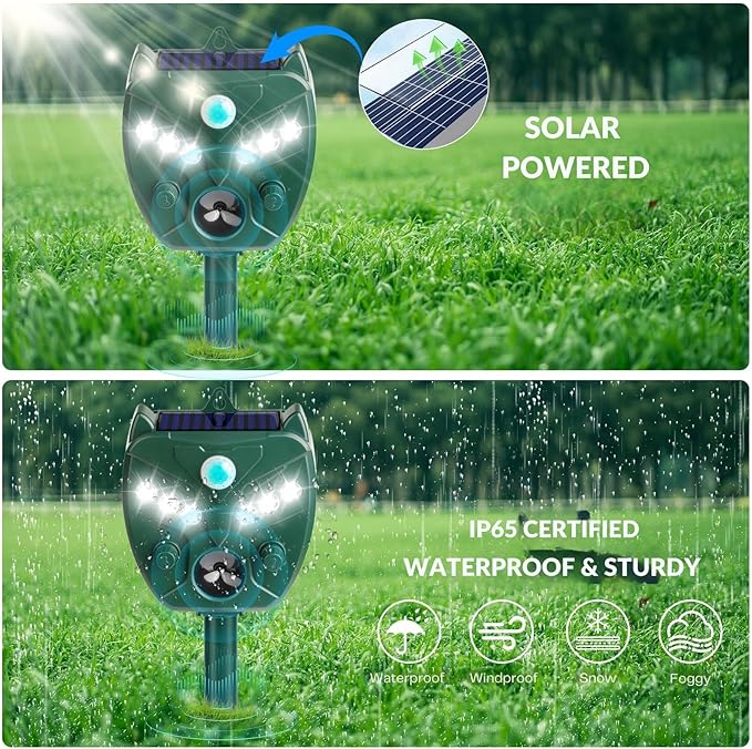 2 Pack NAVISOVL Solar Ultrasonic Animal Repellent Outdoor Cat, Squirrel, Deer Repeller, Motion Sensor&Flashing Light, Repel Dogs,Boar,Deer,Fox,Raccoon,Skunk,Rabbit,Bird Deterrent for Yard&Farmland
