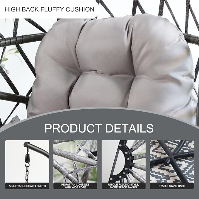 PRIVATE GARDEN Hanging Egg Chair with Stand Indoor Outdoor Unique PE Rattan Wicker Basket Chair with Grey Cushion Folding Swing Chair (Grey)