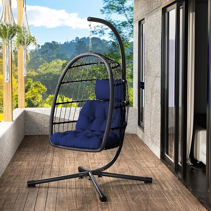 LEVELEVE Egg Chair with Stand,Patio Rattan Wicker Hanging Swing Egg Chair Hammock Chair for Porch Garden,Thickened Aluminum Alloy Steel Frame and UV Resistant Cushion,350LBS Capacity(Dark Blue)