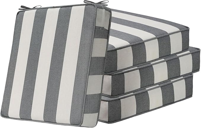 Square Corner Seat Cushions, 19" x 19" x 3", Set of 4, Indoor Outdoor Water Repellent Universal Chair Pads with Ties for Patio Furniture, Garden Deck Dining Chairs, Gray Stripe