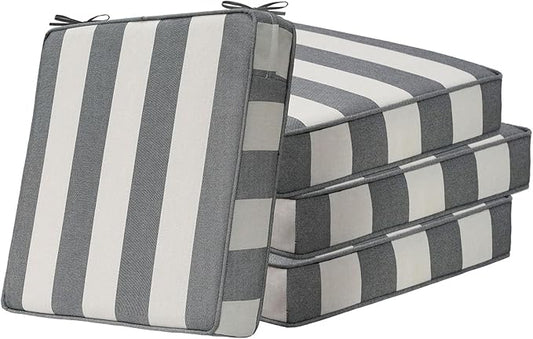 Square Corner Seat Cushions, 19" x 19" x 3", Set of 4, Indoor Outdoor Water Repellent Universal Chair Pads with Ties for Patio Furniture, Garden Deck Dining Chairs, Gray Stripe