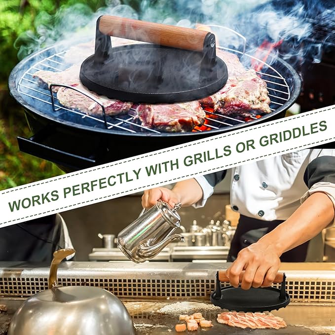 EWFEN Burger Press, 7" Round Heavy-Duty Cast Iron Smash Bacon Press Meat Steak with Wood Handle for Griddle, Sandwich, Nonstick Pan