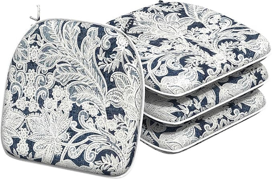 Indoor/Outdoor Chair Cushions 16x17 Inch, Patio Chair Cushions with Ties, All Weather Seat Cushions for Patio Furniture Home Garden Chair Use, Set of 4,Damask Lapis
