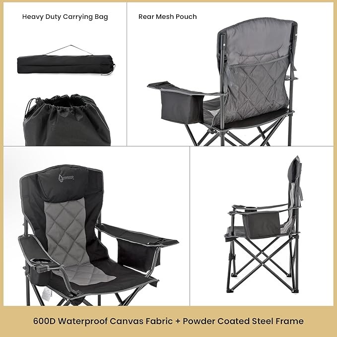 ARROWHEAD OUTDOOR 2-Pack Portable Folding Camping Quad Chair w/ 6-Can Cooler, Cup & Wine Glass Holders, Heavy-Duty Carrying Bag, Padded Armrests, Headrest & Seat, Supports up to 550lbs