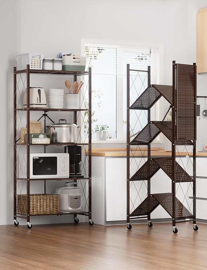 ALANNG 70.7" H Metal Storage Shelves, 5 Tier Folding Shelf on Wheels, Heavy Duty, No Assembly, Rolling, Collapsible Rack Unit for Kitchen, Basement, Pantry (Vintage Brown,3 Pack)