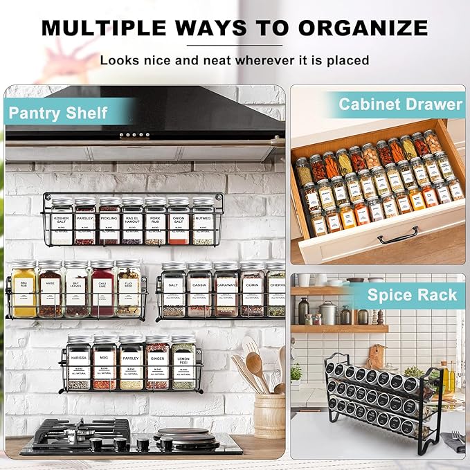 AISIPRIN 24 Pcs Glass Spice Jars with Labels, 4oz Small Empty Square Seasoning Containers Bottles - Shaker Lids, Funnel, Brush,469 Labels and Marker Included