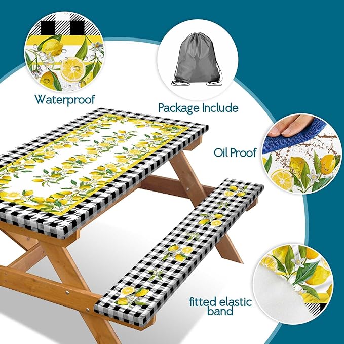 Picnic Table Cover with Bench Covers, Lemon & Black-White Gingham , Elastic Edges, Waterproof Windproof Fitted, for Outdoor Camping Patio Garden, with Drawstring Bag, 72 in