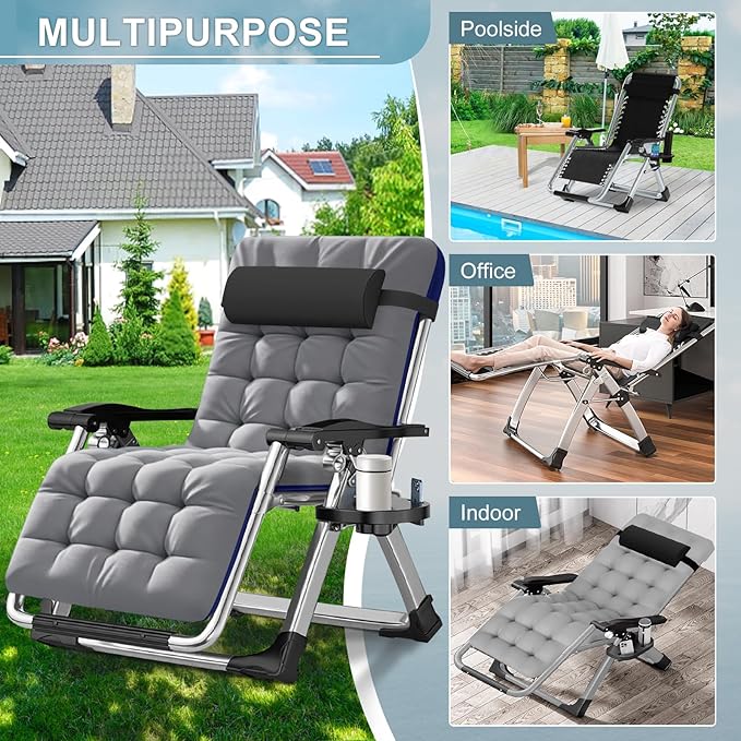 ABORON Oversized Zero Gravity Chair,29In XL Premium Outdoor Lawn Folding Lounge Chairs,Sturdy Adjustable Reclining Patio Chairs with Removable Cushion,Headrest & Tray