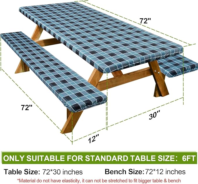 Picnic Table Cover with Bench Covers Camping Essentials Waterproof Windproof Camping Tablecloth with Drawstring Bag, Fitted Rectangle Tables and Seats, 72in, Small Blue Plaid