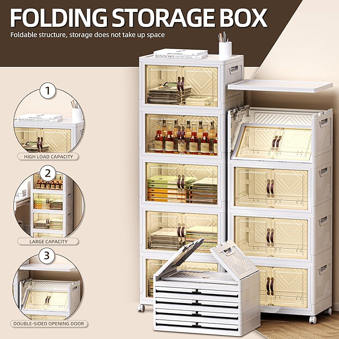 248 QT / 62 Gal Stackable Collapsible Storage Bins (1 Lid) with Magnetic Doors & Wheels - Plastic Cabinet Organizer for Home Office Closet, White Space-Saving Containers