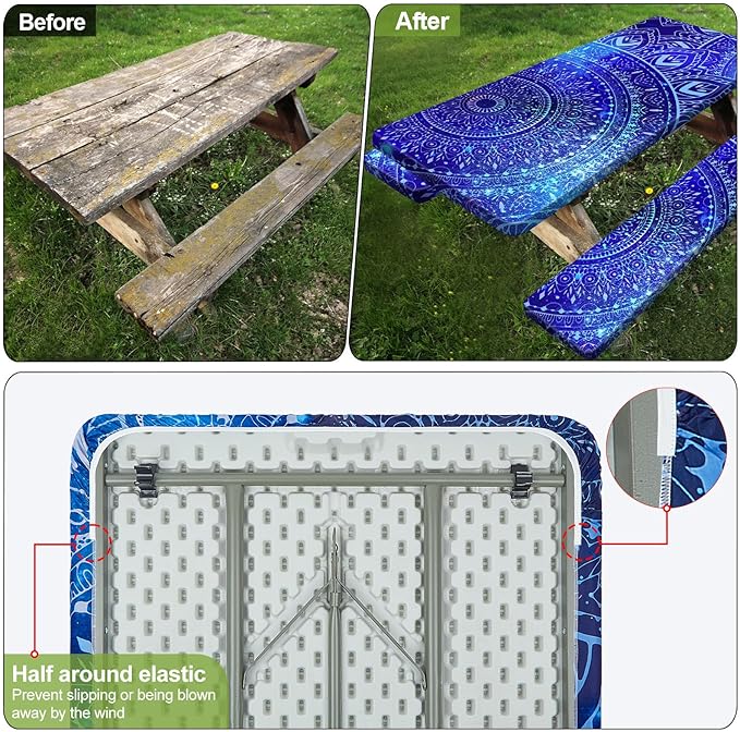 Picnic Table Cover with Bench Covers Camping Essentials Waterproof Windproof Camping Tablecloth with Drawstring Bag, Fitted Rectangle Tables and Seats, 72in, Blue Purple