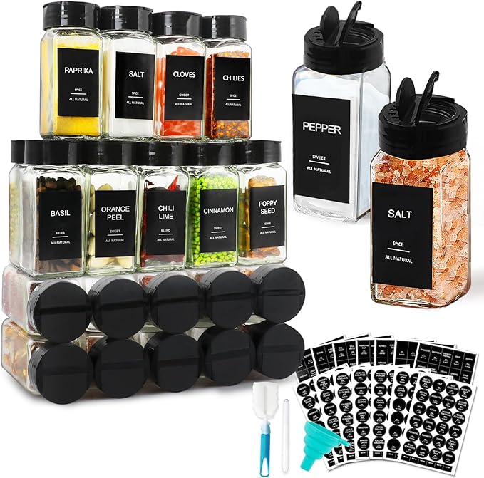 AISIPRIN Spice Jars with Lable, Glass Salt and Pepper Shakers Set, 24 Pcs Spice Botter with Shaker Lids, Ktchen Essentials Seasoning Organizer Containers, Included 398 Lables,Funnel, Brush, Marker